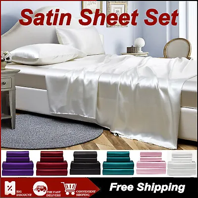 2000TC 4 Pcs Silk Satin Flat Fitted Sheet Bed Set Cover Single Double Queen King • $28.49