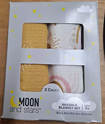 MOON And Stars 2 Count Gold/White 30 X40  Baby Swaddle Blanket Set Ages 0+ • $12.95