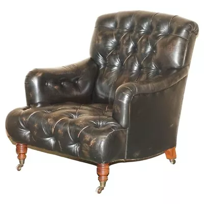 Antique Howard & Son's Bridgewater Style Black Leather Chesterfield Armchair • £7500
