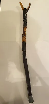 Hand Carved Wood Walking Stick Cane With Snake Man Face Patina 40IN Folk Art • $19