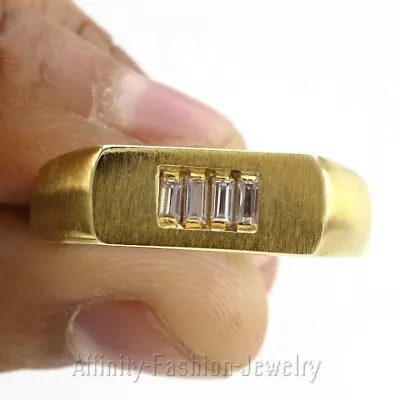 4 Stone Mens Engagement Ring Emerald Cut Cubic Zirconia 14K Yellow Gold Plated • $99.35