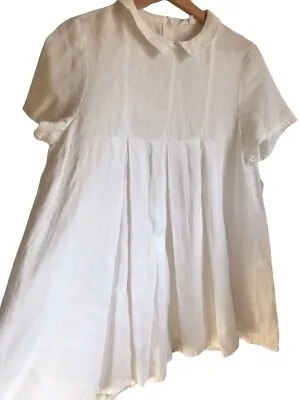 Cabbages And Roses White 100% Linen Pleated Collared Smock Tunic Short Sleeve 10 • $138.96