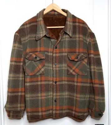 Vintage Plaid Wool Hunting Sherpa Button Up Chore Coat Heavy Jacket Mens L Brown • $149.99