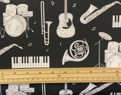 Fat Quarter White Band Music Instruments On Black 100% Cotton Quilting Fabric • £2.64