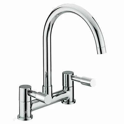 Modern Dual Lever Chrome Kitchen Sink Mixer Taps 2 Hole Deck Mounted Tap Faucet • £21.50