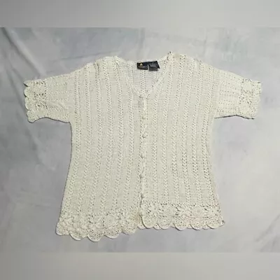 Lizsport Crochet By Hand Womens Size Medium Vintage Cream Short Sleeve Top LINEN • $14