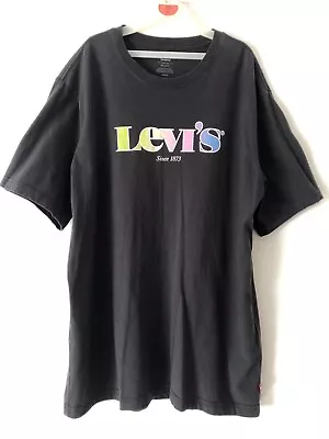 Levis Black T Shirt Adult Medium Black T-shirt Relaxed Fit Rainbow Logo Mens • £7.95