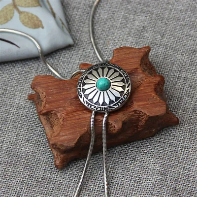 Flower Turquoise Mens Bolo Tie Wedding Necklace Metal Clip & Rope Western Cowboy • $16.68