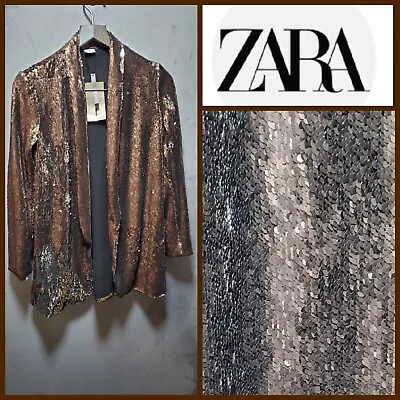 Zara Collection Bronze Brown Sequin Embellished Open Formal Jacket ~ S  M3020 • £125.45