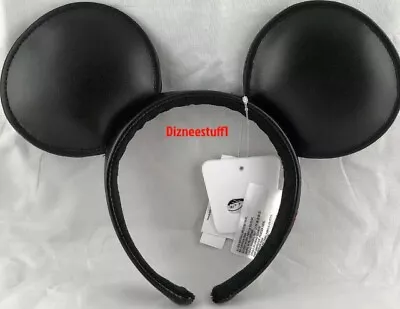 Disney  Mickey Mouse Ears Headband Solid Black Leather Vinyl Signature NEW USA • $28.97