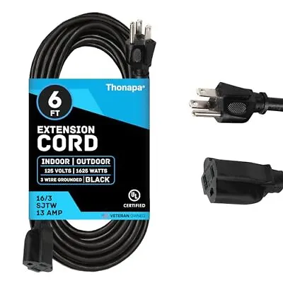 Thonapa 6 Ft Black Extension Cord - 16/3 Cable -3 Prong Grounded Plug For Safety • $8.99