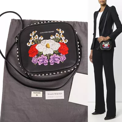 $1233.04 • Buy NEW $990 ALEXANDER MCQUEEN Black Leather EMBROIDERED FLORAL Stud MINI CAMERA BAG