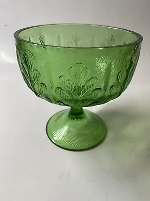 Vintage 1978 FTD Green Glass Oak Leaf Footed Pedestal Stem Round Bowl Vase Dish • $13.68