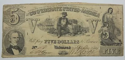 BARGAIN US Confederate Currency 2nd Series September 2nd 1861 $5 FINE T-37 • $79.50