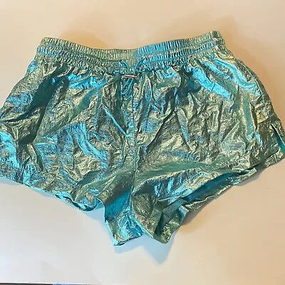 Forever 21 Metallic Foil Party Dance Aqua Blue Mesh Lined Shorts-Small • $25