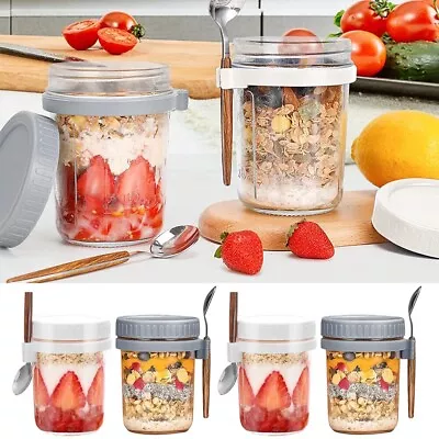 350ml 4 Pack Glass Mason Jars Preserving Overnight Oats Container Cereal Milk • £12.99