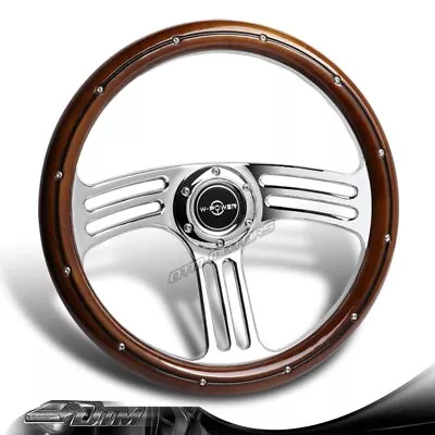 W-Power 350MM 14  Dark Wood Grip 6-Hole Chrome 3-Spoke Vintage Steering Wheel • $108.99