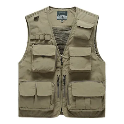 Men Sleeveless Multi-Pocket Waistcoat Safari Gilet Jacket Hiking Fishing Vest UK • £15.99