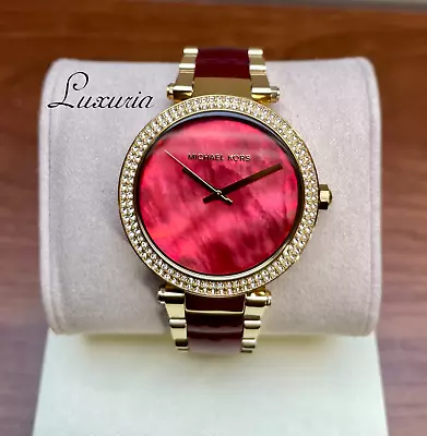 Michael Kors Parker Red & Gold Tone Plum Acetate Bracelet Ladies Watch MK6427 • $113.68