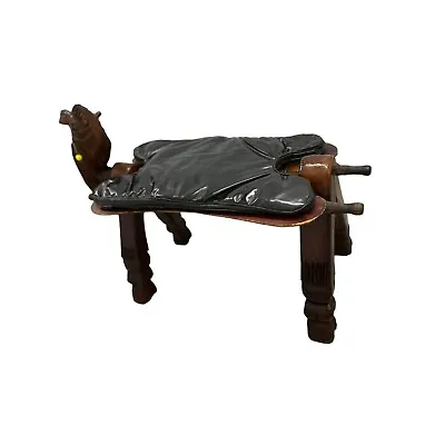 Vintage Egyptian Camel Saddle Seat Ottoman Foot Stool Leather Wood Black Brown • $175