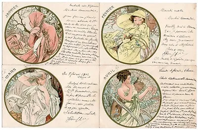 Complete Set Of 12 Mucha Postcards Months Of The Year Written In French 1901 • $12000