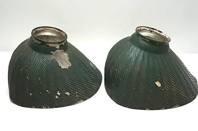 ANTIQUE X-RAY MERCURY GLASS SHADES 2PC GREEN RIBBED REFLECTOR 3-5/8in RIM LAMP • $124.99