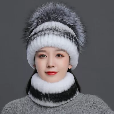 Women Real Rex Rabbit Fur Hat Scarf Sets Winter Warm Beanie Cap Headwear  • $42.49