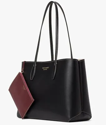 Kate Spade All Day Large Tote Black Leather + Pouch PXR00297 NWT $228 Retail FS • $254.75