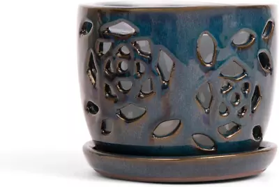 Repotme Orchid Pot - 5 Inch Floral Cutout Ceramic Orchid Pot With Holes (Teal Ja • $62.36