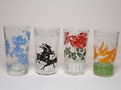 Vintage 1950's Drinking Glasses  Mixed Lot Of 4  Nautical/Floral/Gazelle • $19.99