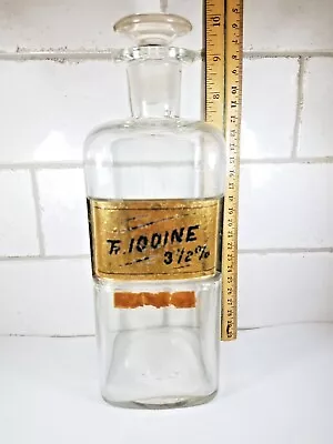 9 1/2  Antique LUG Label Under Glass Tr. Iodine 3 1/2% Apothecary Bottle • $35