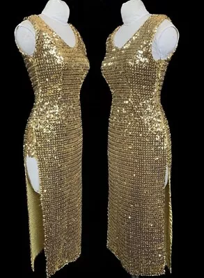 Vtg 50s Burlesque Costume Gold Sequin Fitted Tight Wiggle Dress VLV Pin Up • $80