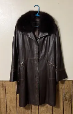 Vtg Maximilian Dyed Fox Fur Collar  Belted Brown Leather Coat Bloomingdales Sz M • $89