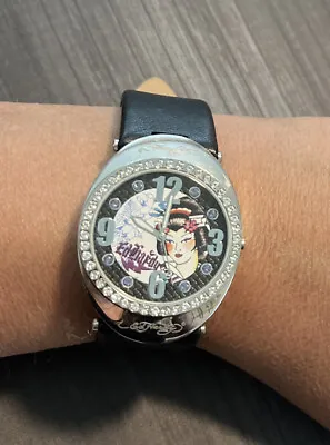 ED HARDY Geisha Watch Silver And Crystal With Leather Band • $64.99