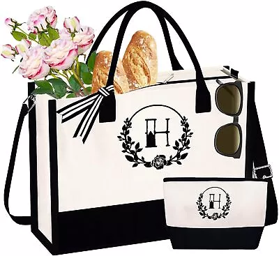 Personalized Initial Canvas Beach Bag With Zipper Monogrammed Tote Bags H  • $36.26