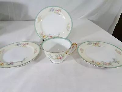 Meito China MEI230 3 Bread Plates & 1 Cup Green Band Cream Rim Floral Sprays • $12