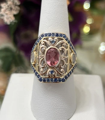14kyg Designer SR Tourmaline Blue & White Sapphire Filigree Cocktail Ring • $1355.10