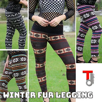 New Fur Lined Leggings Winter Tribal Print Thick Fleece Stretch Pants One Size • $15