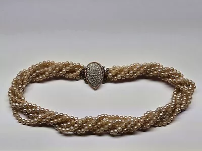 Vintage Marvella Faux Pearl Multi Strand 13  Choker Necklace Signed Rhinestone • $20