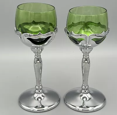 Farber Bros  2 Stem Cordial Cocktail Liquor Chrome GreenCambridge Glass Art Deco • $29.99