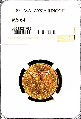 NGC MS64 1991 MALAYSIA Ringgit Proof Like Coin RARE(+FREE1 Coin) #25196 • $40