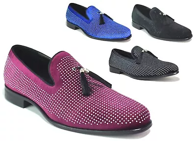 Mens Diamante Blue Black Shoes Formal Slip On Tassel Faux Suede Party Sizes 6-11 • £22.49