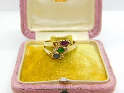 9ct Yellow Gold Ruby Emerald Sapphire Paste Stone Crossover Ring Birmingham • £145