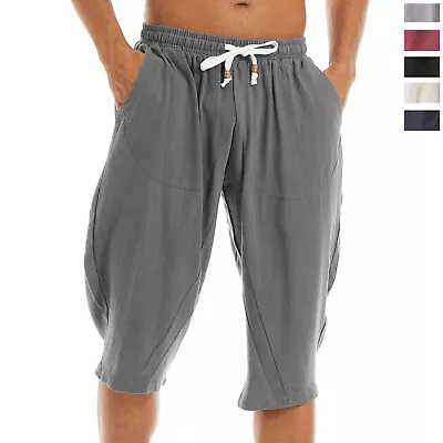 Men's 3/4 Length Linen Pants Casual Baggy Yoga Sport Shorts Elastic Waist Shorts • $23.73
