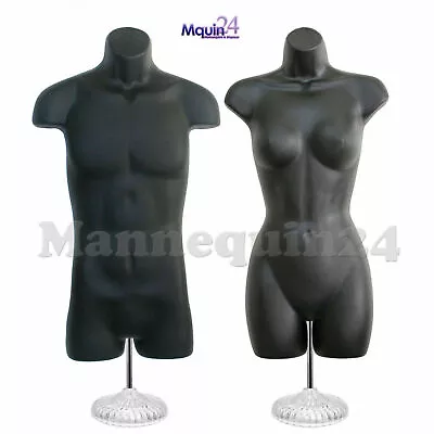 Black Male & Female Mannequin Dress Form Torsos W/2 Table Top Stands +2 Hangers  • $84.03