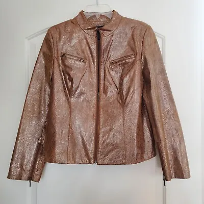 Vtg VAKKO VS2 Size 12 Leather Jacket Zip Up Coat Lined Gold Brown Snake Print  • $26.50