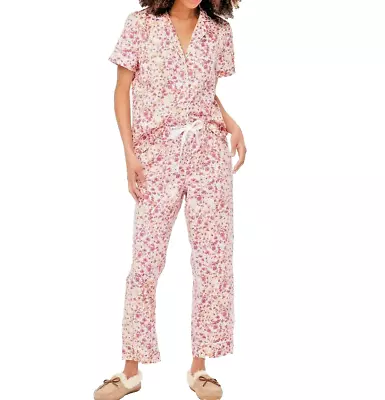 J. Crew Factory Women Cotton Pajama Set Cropped Pant White Flamingo Large BE371 • $29.99