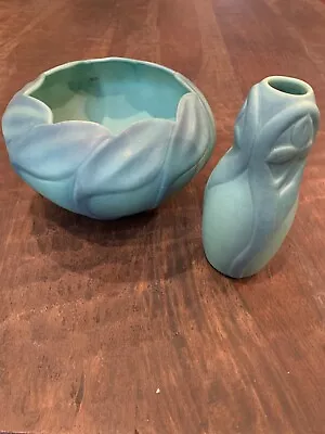 Van Briggle Matte Vase And Matching Bowl (Ming Blue) • $350