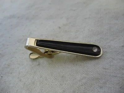 Tie Clip Tie Clasp BLACK INSERT W/ RHINESTONE Vintage Gold Tone ~ 1.75  Wide ~ • $8.99