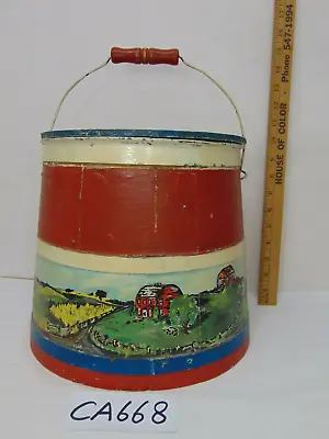 Antique Vintage Firkin Furkin Wood Folk Art Painted Tole Farm Scene Primitive • $299.99